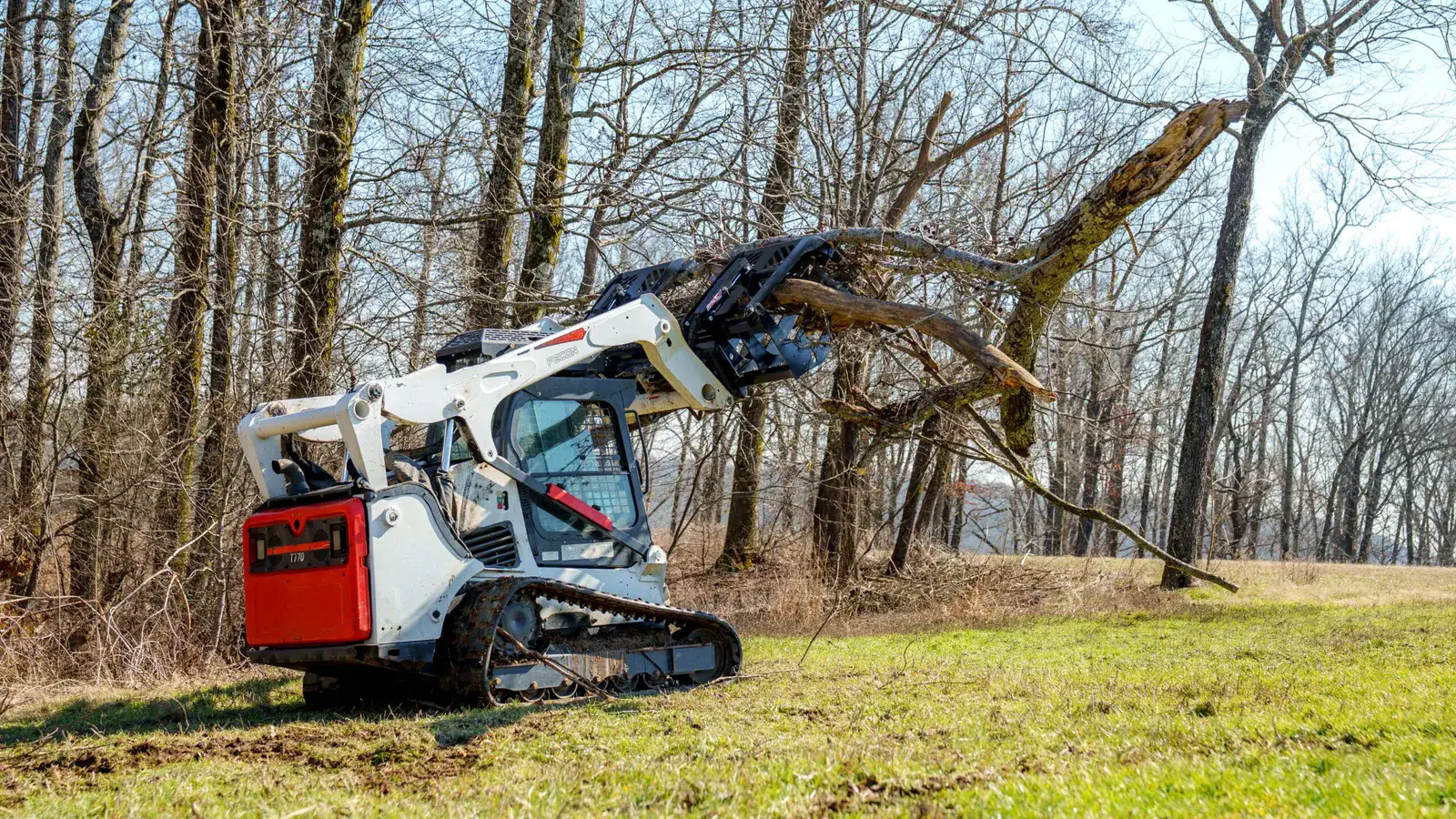 Compact track loader with a grapple bucket lifting a downed tree out of a field