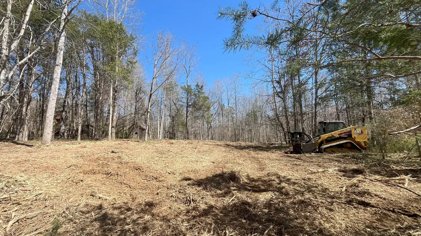 Wide open lot covered in fresh mulch after clearing, with a track loader parked at the edge of the timber