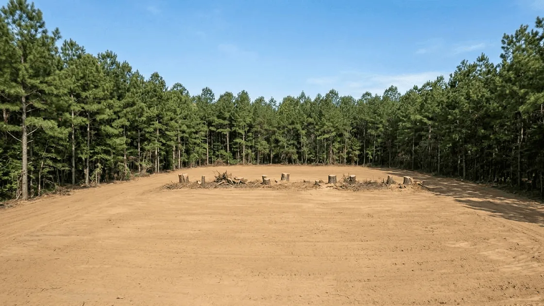 Cleared and stumped building lot ringed by tall pines, ready for a house pad