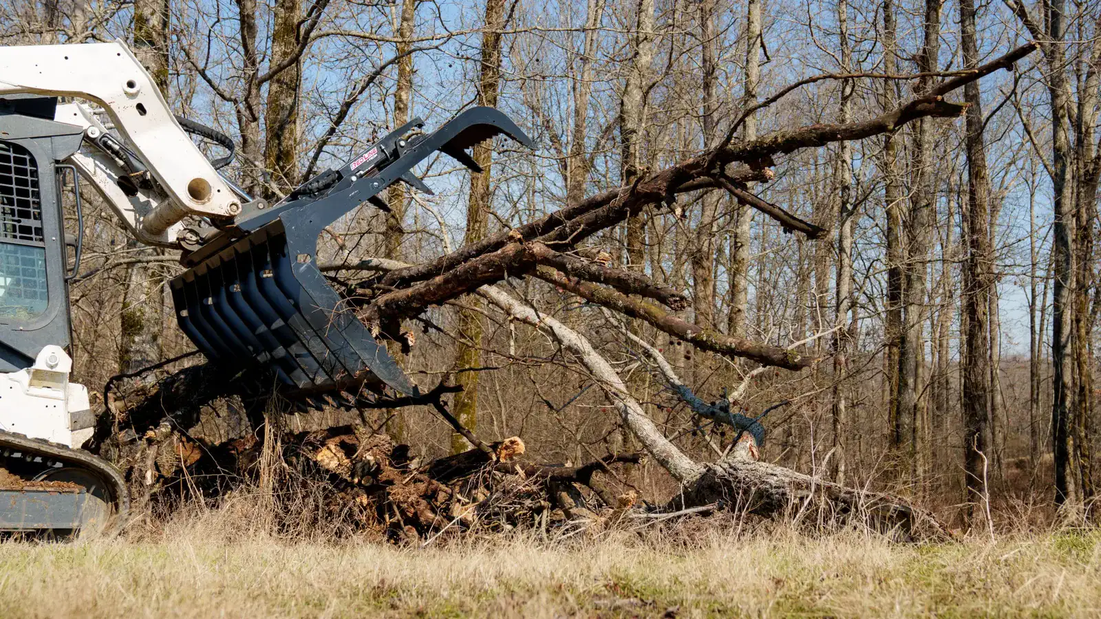 Grapple attachment lifting a broken tree off the ground onto a pile of cut logs